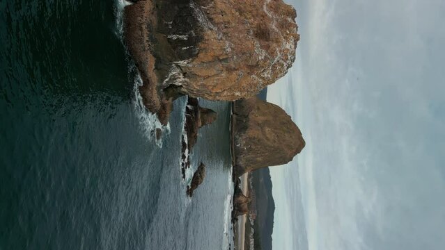 Vertical Aerial shot of Haystack Rock beach in coastal town Cannon Beach, Oregon