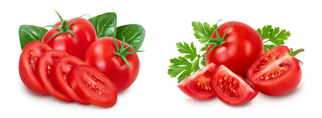Tomato slices isolated on white background with full depth of field.