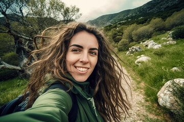 Smiling in Nature's Embrace: A Happy Young Woman Treks Through the Autumn Forest for a Selfie, ai generative