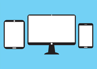 Realistic computer screens, tablets and mobile phones clip art. Vector illustration.