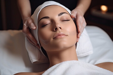 Attractive asia woman getting face beauty procedures in spa salon