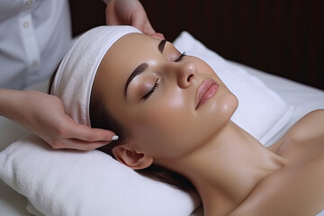 Obraz na płótnie Canvas Attractive asia woman getting face beauty procedures in spa salon