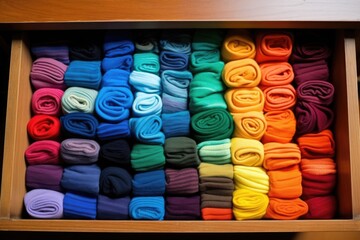 colorful socks neatly arranged in an open drawer