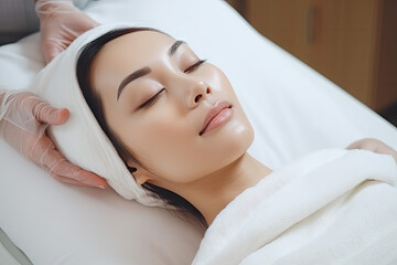 Fototapeta na wymiar Attractive asia woman getting face beauty procedures in spa salon