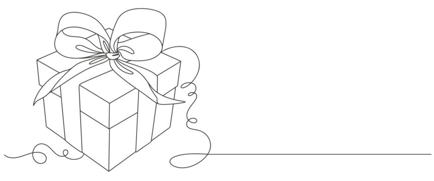 Christmas gift box with ribbon line art style vector illustration