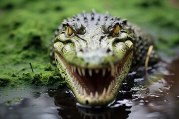 Obraz premium close-up of a crocodile with an open mouth amongst duckweed in a river,