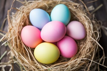 pastel colored easter eggs in a nest