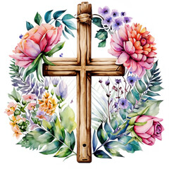 Krzyż z kwiatami dekoracja - obrazy, fototapety, plakaty