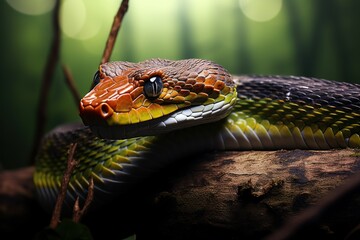 coiled viper snake on a branch in the jungle, sumatra, - obrazy, fototapety, plakaty
