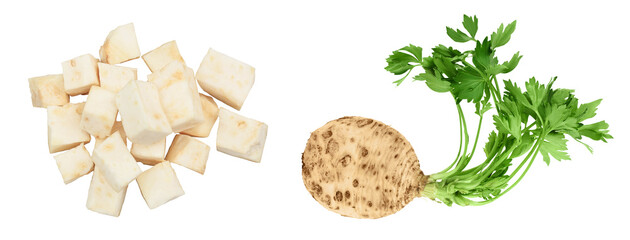 diced celery root isolated on white background. Top view. Flat lay.