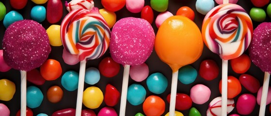 colorful lollipops and different colored round candy. top view.