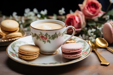 cup of coffee and plate of macaroons on a table