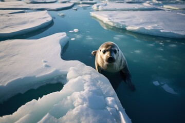 curious seal on ice floe in winter