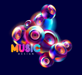Party poster design with 3D colorful speaker. Musical vector illustration.