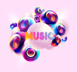Music poster design with 3D colorful speaker. Abstract musical vector.