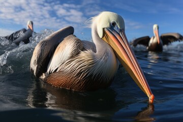 flocks of brown pelicans feeding on fisherman's scraps
