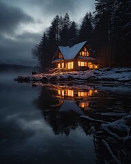 home glows across lake