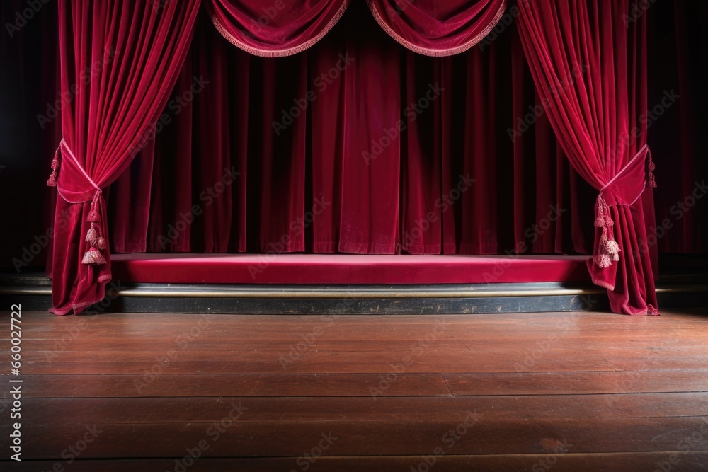 Poster an empty wooden stage framed by red velvet curtains