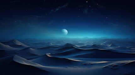 night landscape, with desert sand dunes. beautiful contemporary background with blue gradient starry sky
