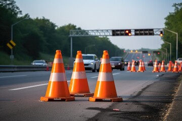 traffic cones on the roadside indicating dui checkpoint - obrazy, fototapety, plakaty