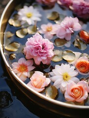 Obraz na płótnie Canvas pretty flowers floating in water in copper bucket