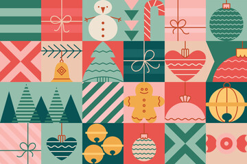 Christmas abstract seamless block pattern with toys, balls, star, soldier, tree, candle. Vintage geometrick background for wrapping, card, wallpaper