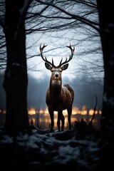 silhouette of a beautiful deer in winter