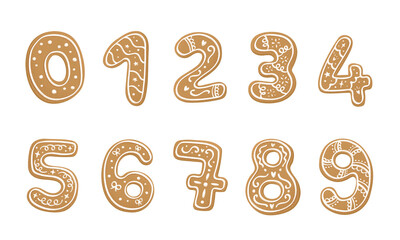 Set of gingerbread holiday cookies in the shape of Arabic number. Christmas, X-mas or New year winter season food decoration. Flat cartoon style vector illustration isolated on white background. - obrazy, fototapety, plakaty