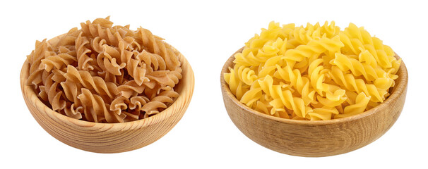 Wolegrain fusilli pasta from durum wheat in wooden bowl isolated on white background with full depth of field.