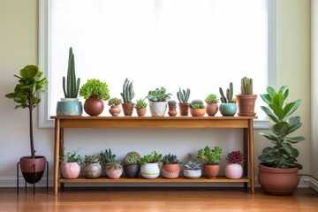 entryway with a row of succulents on a shelf