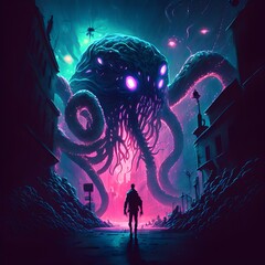 nightmares in space scary lovecraftian eldritch horror creepy synthwave pixar style  - obrazy, fototapety, plakaty