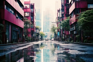 Naklejka premium street in tokyo, through huge buildings in city center