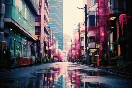 Fototapeta street in tokyo,  through huge buildings in city center