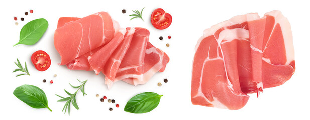 Italian prosciutto crudo or spanish jamon. Raw ham isolated on white background with full depth of field.