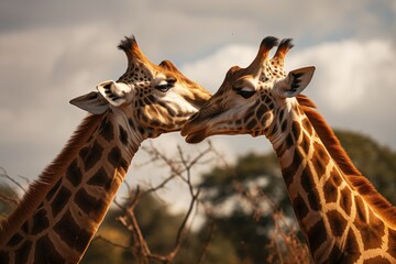 two male giraffes fighting at nairobi national park, - obrazy, fototapety, plakaty