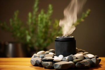 aroma diffuser releasing steam near a pile of spa stones