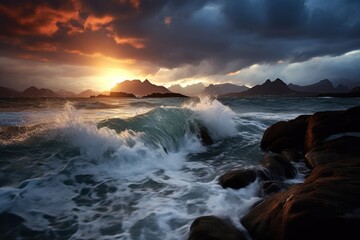 Obraz premium waves crashing on beach during sunset