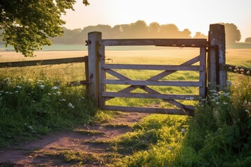 Fototapeta premium rustic wooden gate in a field with pastel sunlight