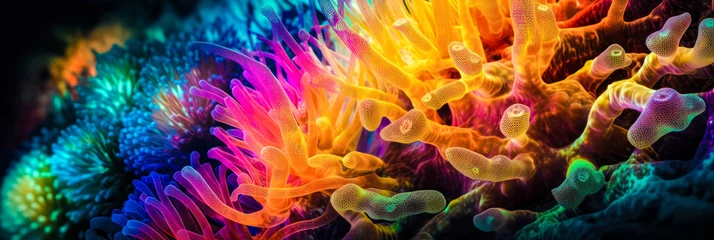 Foto op Plexiglas colorful high detailed macro image of sea corals, vivid multicolor textured wallpaper background of sea life corals reef © everigenia