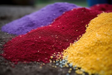Fototapeta premium colorful granular fertilizer scattered on dark soil