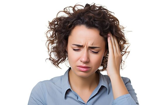 woman standing over isolated background suffering from headache desperate and stressed because pain and migraine. hands on head.