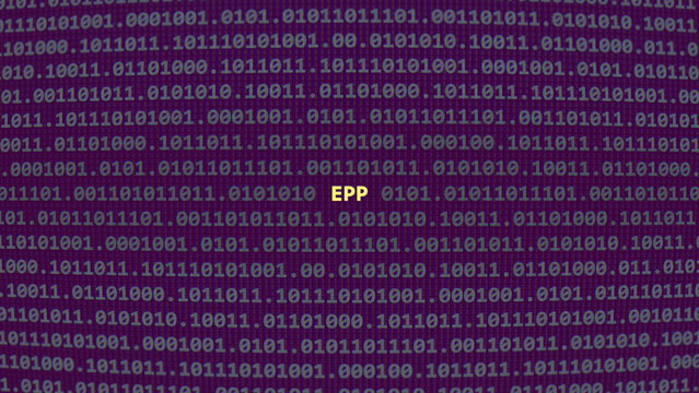 Cyber attack epp. Vulnerability text in binary system ascii art style, endpoint protection platform code on editor screen. Text in English, English text