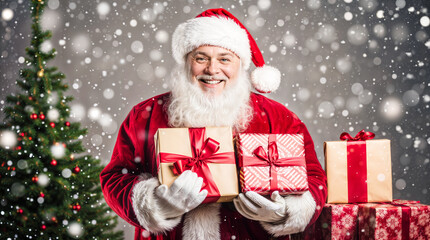 Man dressed as santa claus holding christmas gifts, xmas eve concept, snow