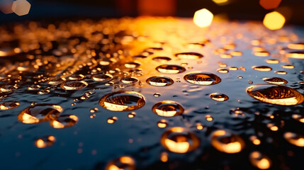 Abstract background with water drops on a glossy horizontal surface.