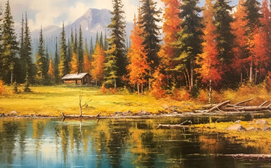 Acrylic painting of a landscape - a hut on the shore of a lake in an autumn forest at the foot of high mountains.