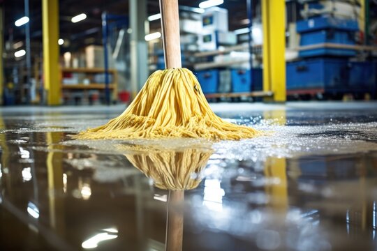 wet mop cleaning up a spill on a warehouse floor