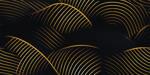 Background pattern seamless luxury black gold wave circle line abstract. Geometric line panorama vector design. Christmas background