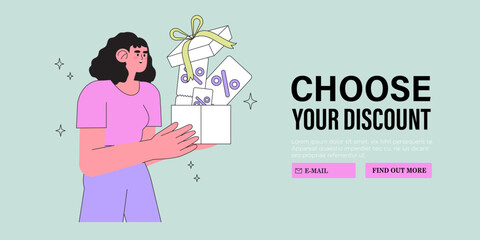 Special offer or big seasonal sale, discounts concept for banner, flyer, web or landing page. Woman shop online and receive personal discount coupon. Character hold gift box with surprise from store.