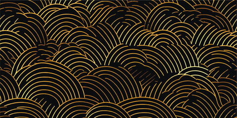 Background pattern seamless luxury black gold wave circle line abstract. Geometric line panorama vector design. Christmas background