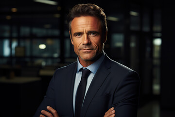 Fototapeta premium Confident CEO Middle-aged Businessman Leading with Assurance in Office Setting. created with Generative AI